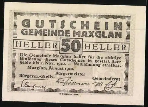 Notgeld Maxglan 1920, 50 Heller, Stieglbrauerei gegründet 1492