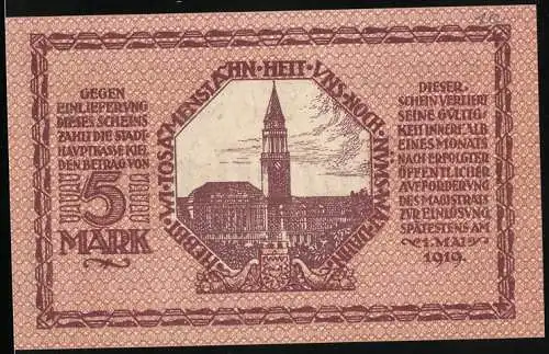 Notgeld Kiel 1918, 5 Mark, Rathaus