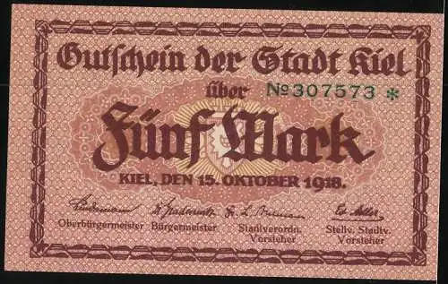 Notgeld Kiel 1918, 5 Mark, Rathaus