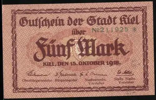 Notgeld Kiel 1918, 5 Mark, Rathaus