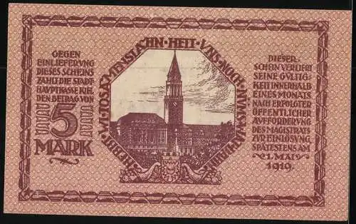 Notgeld Kiel 1918, 5 Mark, Rathaus