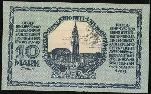 Notgeld Kiel 1918, 10 Mark, Rathaus