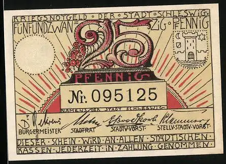 Notgeld Schleswig, 25 Pfennig, Ortsansicht aus der Vogelschau und Wappen