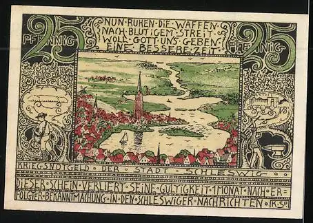 Notgeld Schleswig, 25 Pfennig, Ortsansicht aus der Vogelschau und Wappen