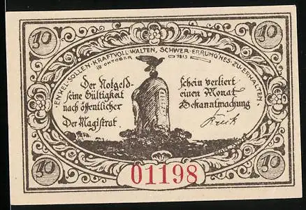 Notgeld Freienwalde in Pomm. 1920, 10 Pfennig, Denkmal und Wappen