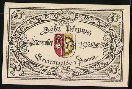 Notgeld Freienwalde in Pomm. 1920, 10 Pfennig, Denkmal und Wappen