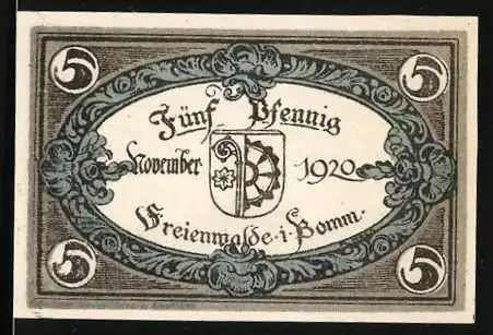 Notgeld Freienwalde in Pomm. 1920, 5 Pfennig, Denkmal und Wappen