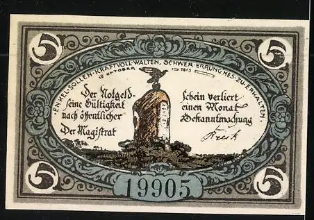 Notgeld Freienwalde in Pomm. 1920, 5 Pfennig, Denkmal und Wappen