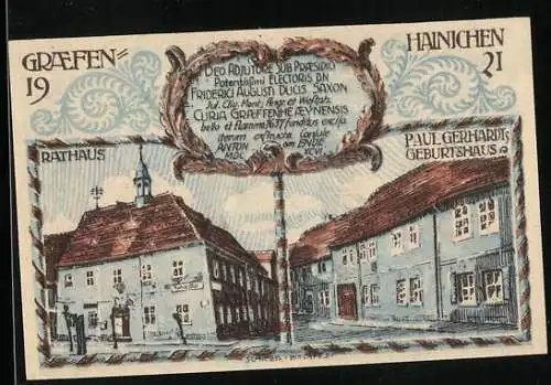 Notgeld Gräfenhainichen 1921, 10 Pfennig, Rathaus, Paul Gerhardts Geburtshaus und Wappen