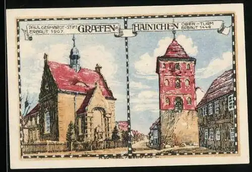 Notgeld Gräfenhainichen 1921, 25 Pfennig, Rathaus, Paul Gerhardt Stift, Obertor und Stadtansicht