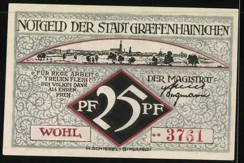 Notgeld Gräfenhainichen 1921, 25 Pfennig, Rathaus, Paul Gerhardt Stift, Obertor und Stadtansicht