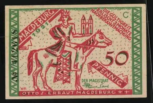Notgeld Magdeburg 1921, 50 Pfennig, Magdeburger Halbkugeln, Otto I. zu Pferde