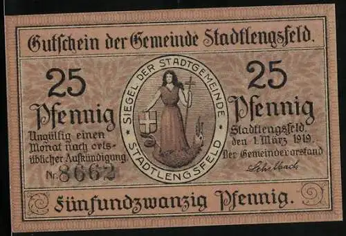 Notgeld Stadtlengsfeld 1919, 25 Pfennig, Siegel der Stadt und Kriegerdenkmal