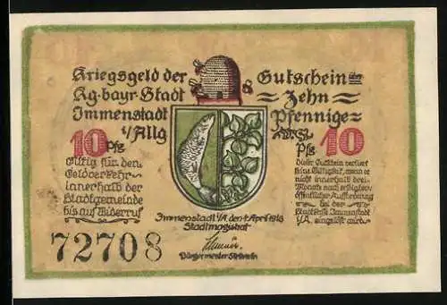 Notgeld Immenstadt im Allgäu 1918, 10 Pfennig, Wappen und Krieger