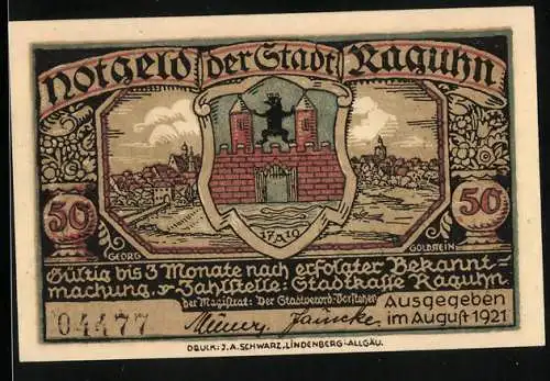 Notgeld Raguhn 1921, 50 Pfennig, Stadtansicht mit Wappen und Rathaus