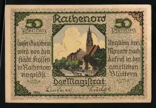 Notgeld Rathenow, 50 Pfennig, Teilansicht mit Kirche und Jäger