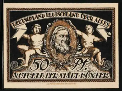 Notgeld Höxter 1921, 50 Pfennig, F. Hoffmann von Fallersleben und Kirche