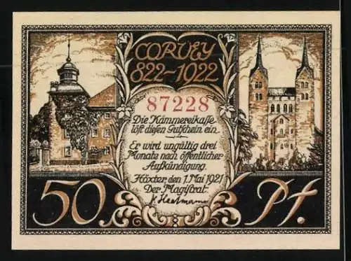 Notgeld Höxter 1921, 50 Pfennig, F. Hoffmann von Fallersleben und Kirche