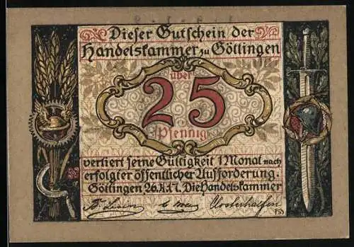 Notgeld Göttingen 1917, 25 Pfennig, Wappen und Krieger