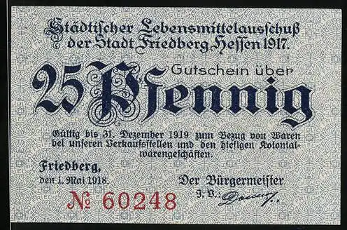 Notgeld Friedberg /Hessen 1919, 25 Pfennig, Brücke zum Burgtor mit Turm