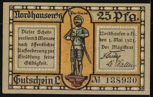 Notgeld Nordhausen a. H. 1921, 25 Pfennig, Alte Stadtbefestigung am Primariusgraben, der Riese