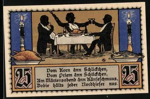 Notgeld Nordhausen a. H. 1921, 25 Pfennig, Männer beim Gelage und Wappen