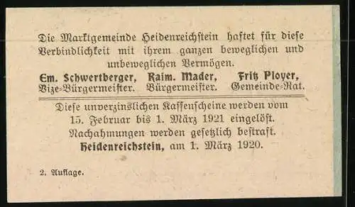 Notgeld Heidenreichstein 1921, 10 Heller, Prangersäule aus dem 17. Jahrhundert und Wappen