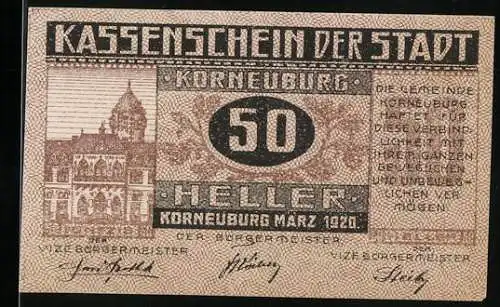 Notgeld Korneuburg 1920, 50 Heller, Rathaus