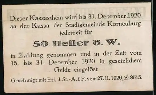 Notgeld Korneuburg 1920, 50 Heller, Rathaus