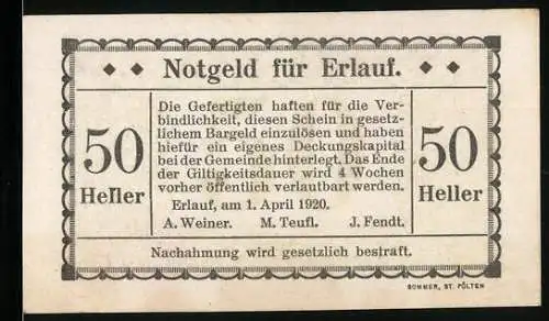 Notgeld Erlauf 1920, 50 Heller