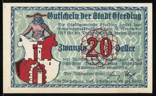 Notgeld Eferding 1919, 20 Heller, Wappen, Ortsansicht mit Kirche
