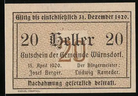 Notgeld Würnsdorf 1920, 20 Heller