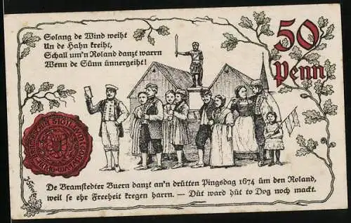 Notgeld Bramstedt 1920, 50 Pfennig, Versammlung am Roland mit Siegel und Wappen