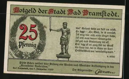 Notgeld Bramstedt 1920, 25 Pfennig, Frau mit Wasserkrug und Roland