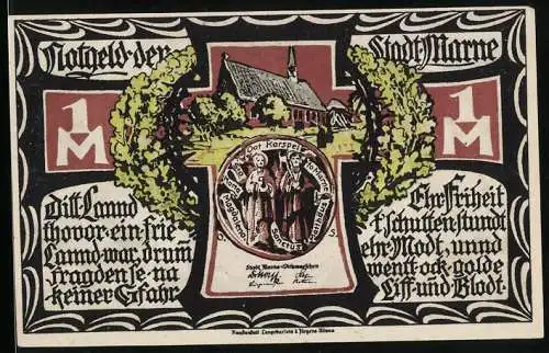 Notgeld Marne 1922, 1 Mark, Kirche mit Siegel, aufgebrachte Männer