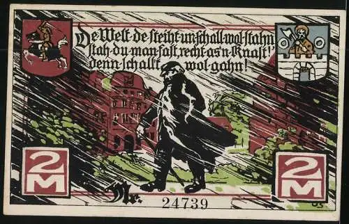 Notgeld Marne 1922, 2 Mark, Bauern mit Getreide und Mann im Sturm mit Gehstock, Wappen
