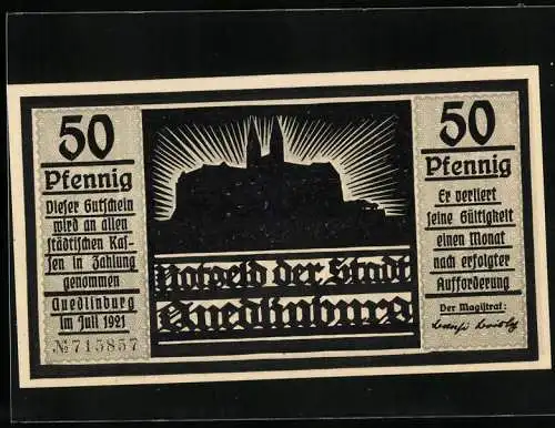 Notgeld Quedlinburg 1921, 50 Pfennig, Krieger im Gebet zu Gott und Kirche