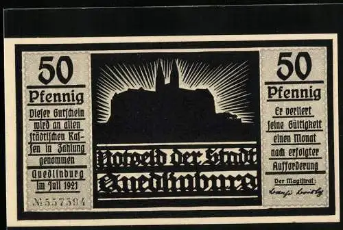 Notgeld Quedlinburg 1921, 50 Pfennig, Kirche und Mann blick zurück zur Reiterschar