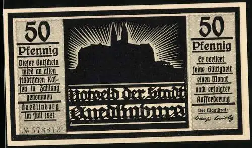Notgeld Quedlinburg 1921, 50 Pfennig, Kirche und Mann beim Vogelfang
