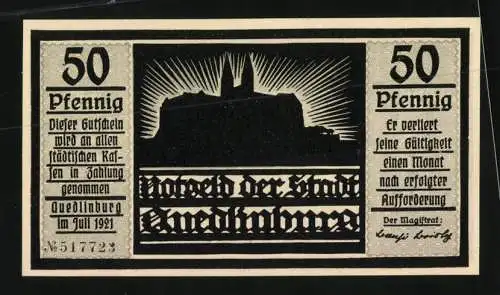 Notgeld Quedlinburg 1921, 50 Pfennig, Herr Heinrich sitzt am Vogelherd, Kirche