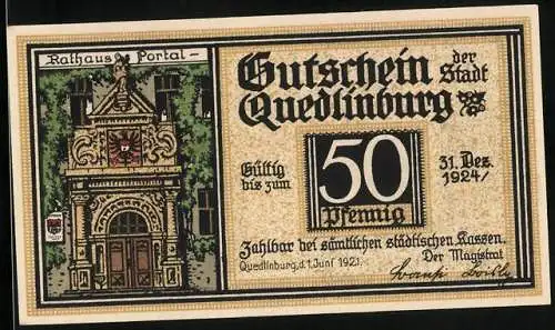 Notgeld Quedlinburg 1921, 50 Pfennig, Rathausportal, Portrait Klopstock
