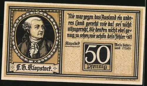 Notgeld Quedlinburg 1921, 50 Pfennig, Rathausportal, Portrait Klopstock