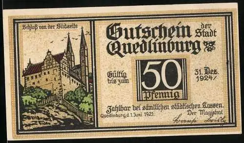 Notgeld Quedlinburg 1921, 50 Pfennig, Schloss von der Südseite, Klopstock Denkmal