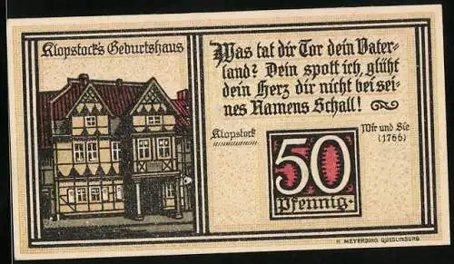 Notgeld Quedlinburg 1921, 50 Pfennig, Klopstock`s Geburtshaus, Roland