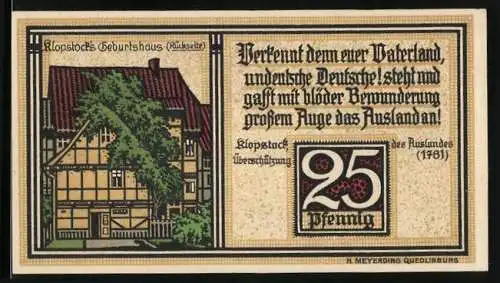 Notgeld Quedlinburg 1921, 25 Pfennig, Klopstock`s Geburtshaus, Wappen