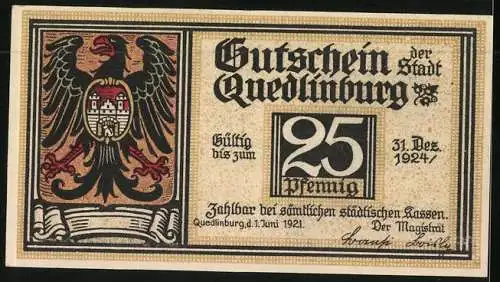 Notgeld Quedlinburg 1921, 25 Pfennig, Klopstock`s Geburtshaus, Wappen