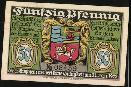 Notgeld Brunsbüttelkoog 1922, 50 Pfennig, Menschen an der Fähre, Wappen