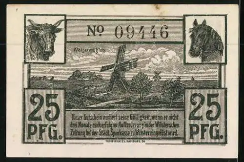 Notgeld Wilster 1920, 25 Pfennig, Altes Rathaus, Wassermühlen