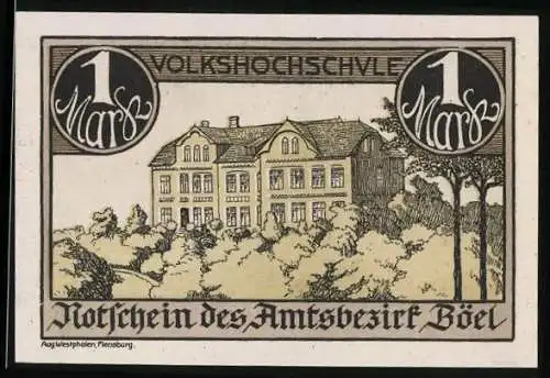 Notgeld Böel, 1 Mark, Volkshochschule, Kirche