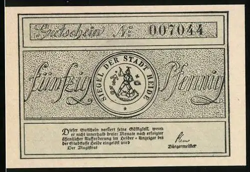 Notgeld Heide, 50 Pfennig, Siegel, Portrait Klaus Groth